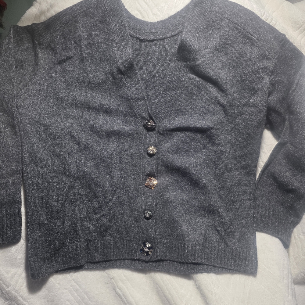 CeCe Charcoal V-Neck Cropped Sweater Crystal Buttons Size S